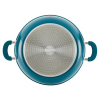 Top view of an induction-ready teal pot from 8-Piece Stacking Cookware Set.