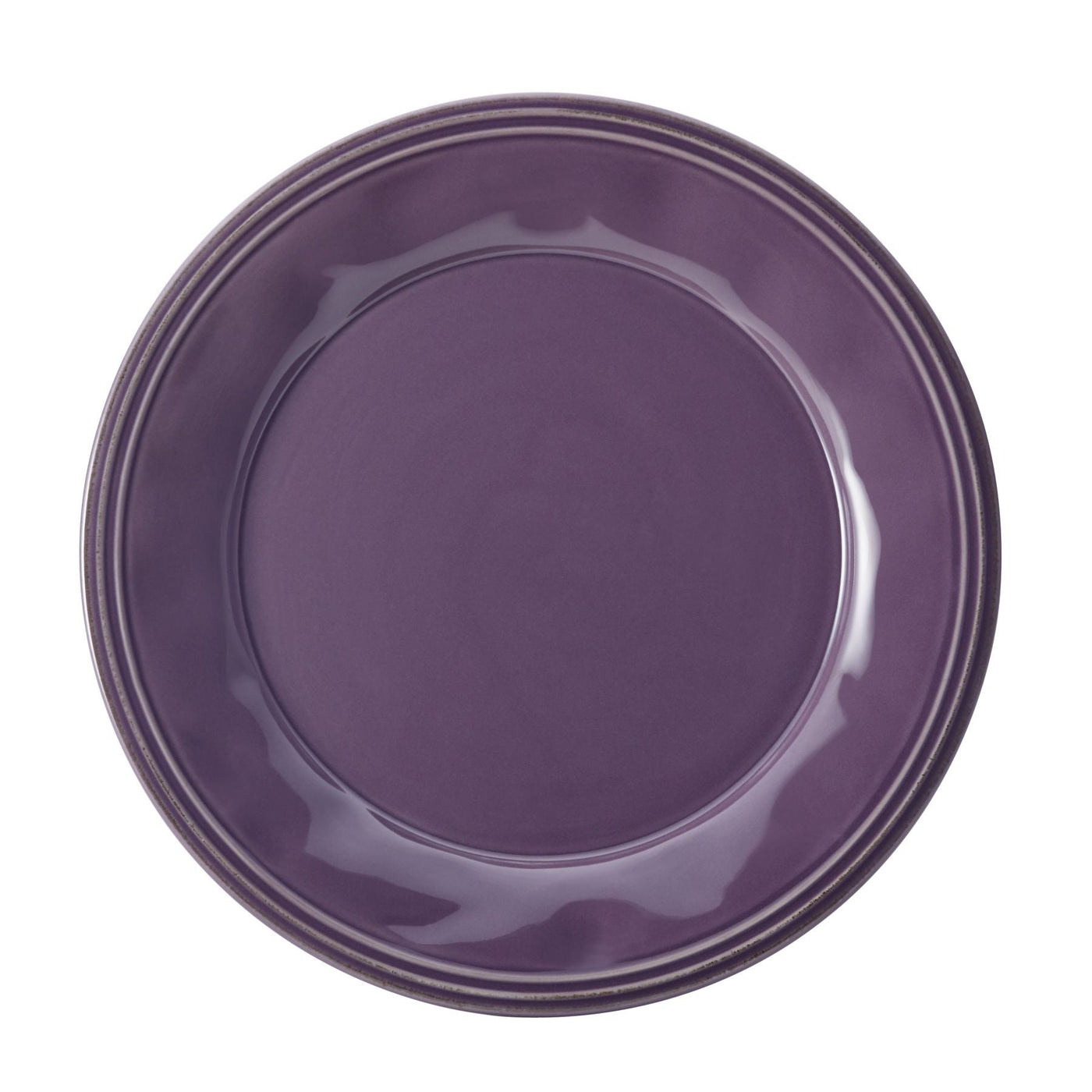 Viewed from above, this purple ceramic plate features a glossy finish and a handcrafted texture. As part of the 16-Piece Dinnerware Set, it is also conveniently dishwasher safe.