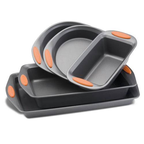 The 5-Piece Nonstick Bakeware Set includes four nested pans with vibrant orange grips, made from heavy gauge steel and oven safe up to 500°F.