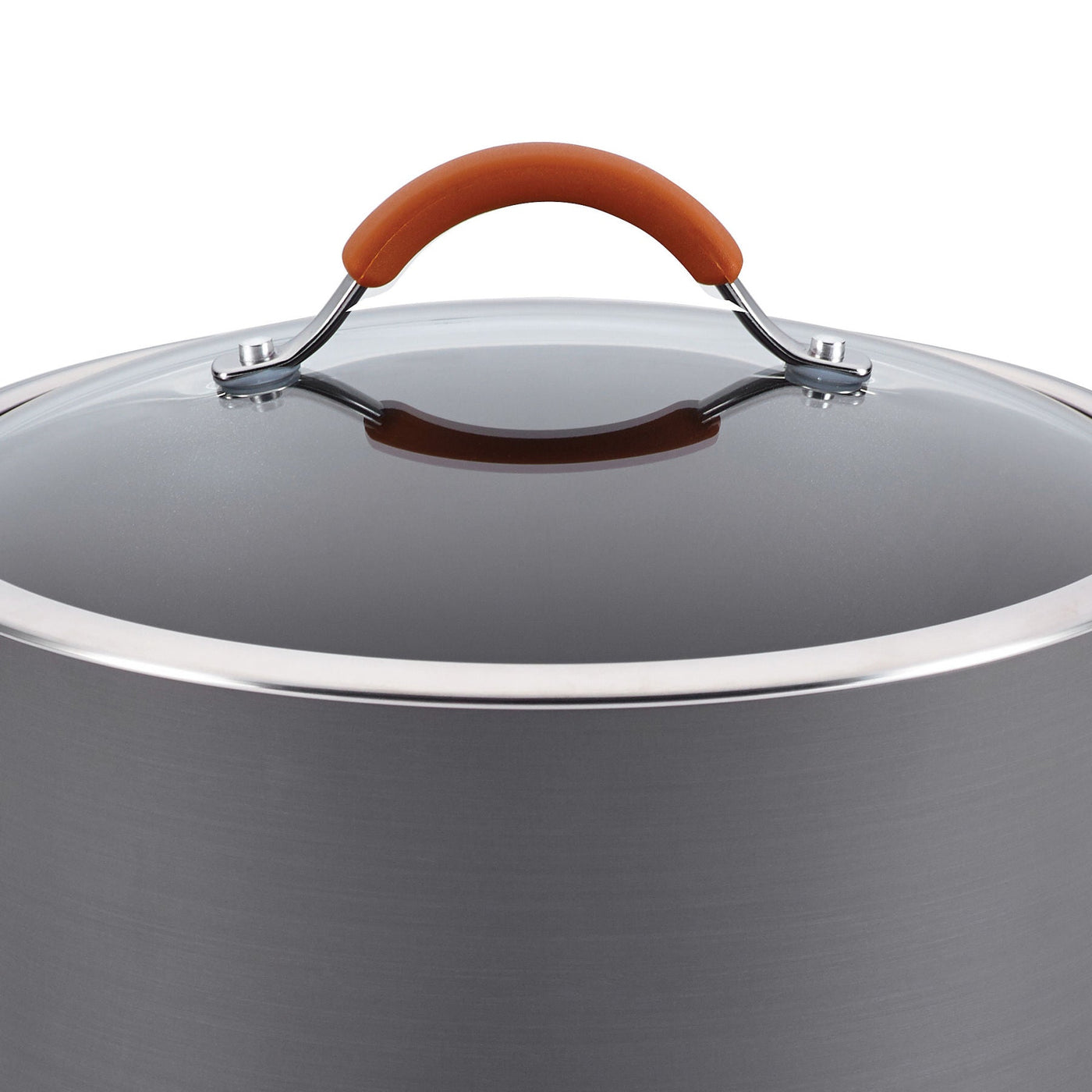 Close-up of a lid with an orange handle on a durable aluminum pot from the 12-Piece Cucina Hard Anodized Nonstick Cookware Set, perfect for oven-safe cooking.