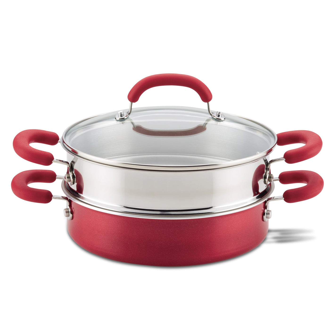 3-Quart Nonstick Induction Steamer Set with red handles and glass lid.