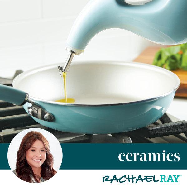 Blue ceramic frying pan with oil pouring in from a 24-Ounce EVOO Bottle, featuring Rachael Ray branding.