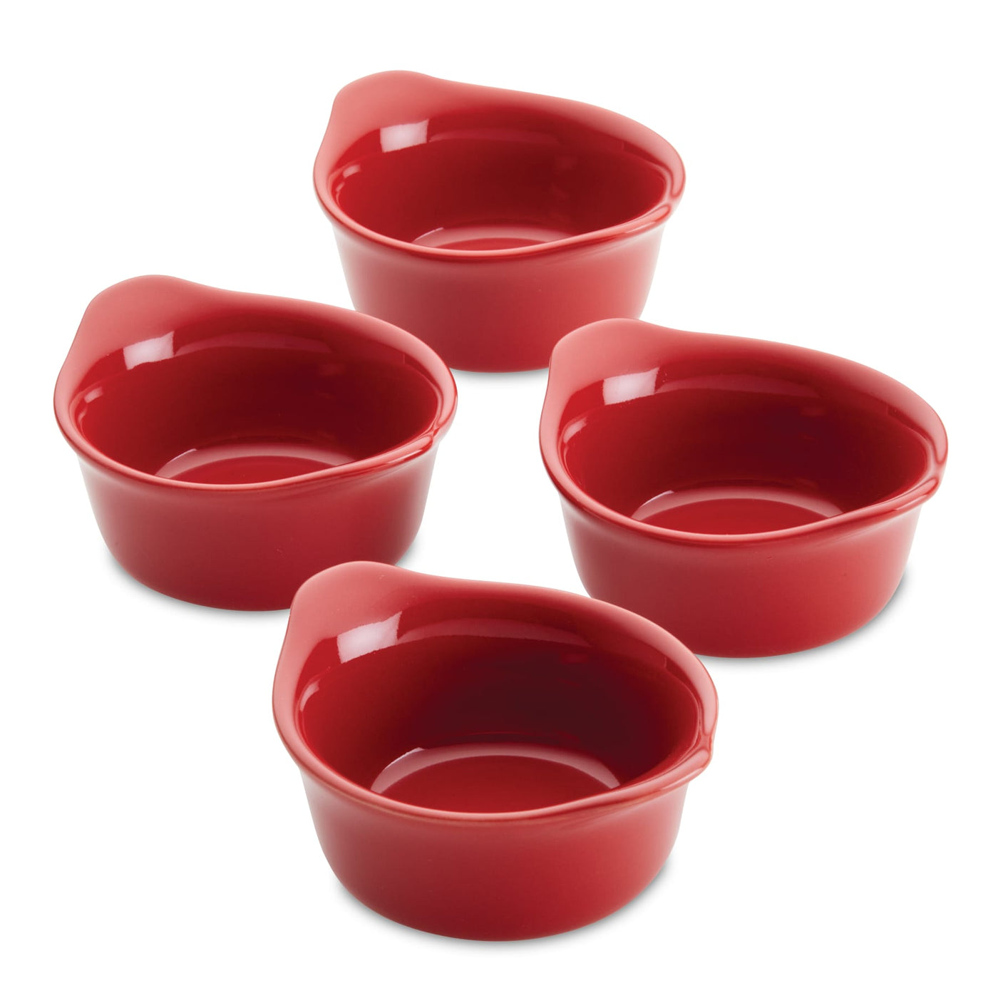 Four ceramic dippers, each with a pouring spout and adorned in red, are elegantly displayed on a white background. These 3.7-ounce pieces from the 4-Piece Ceramic Dippers set are versatile for use as dipping cups and are both microwave safe and dishwasher safe, blending style with practicality for seamless dining and cleanup.