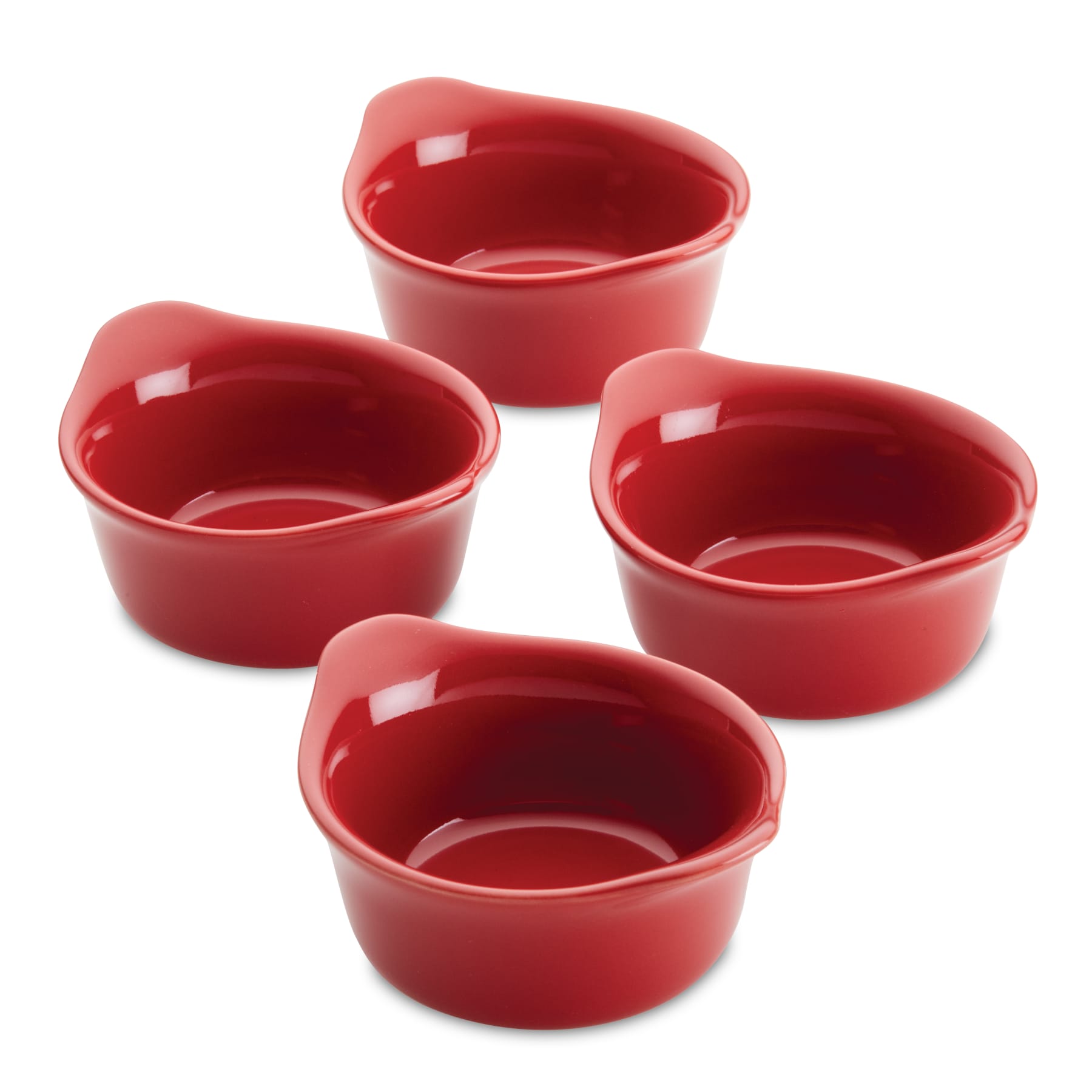 Four ceramic dippers, each with a pouring spout and adorned in red, are elegantly displayed on a white background. These 3.7-ounce pieces from the 4-Piece Ceramic Dippers set are versatile for use as dipping cups and are both microwave safe and dishwasher safe, blending style with practicality for seamless dining and cleanup.