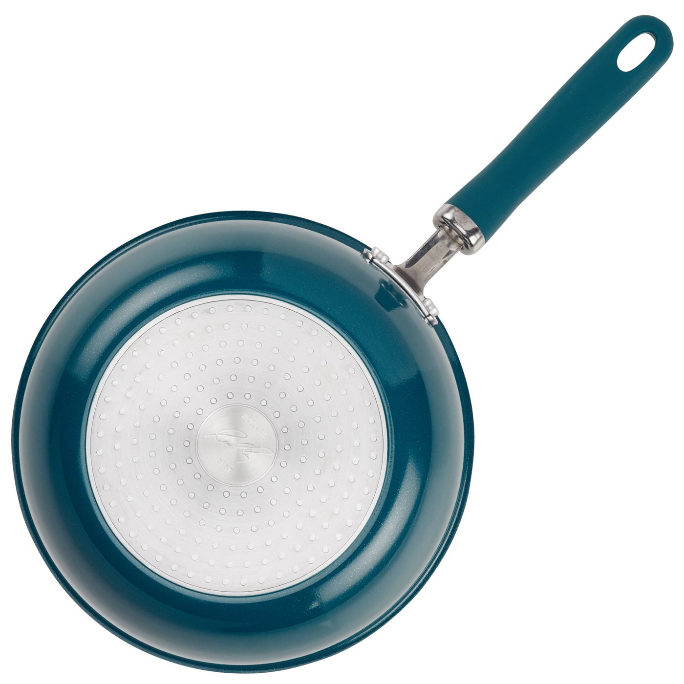 The 3-Quart Nonstick Induction Everything Pan in teal, showing its metal base.