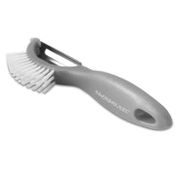 Introducing the Veg-A-Peel 3-in-1 Tool, a versatile kitchen accessory in gray with white bristles. It features a handle branded with the product name and is conveniently dishwasher safe for easy cleaning.