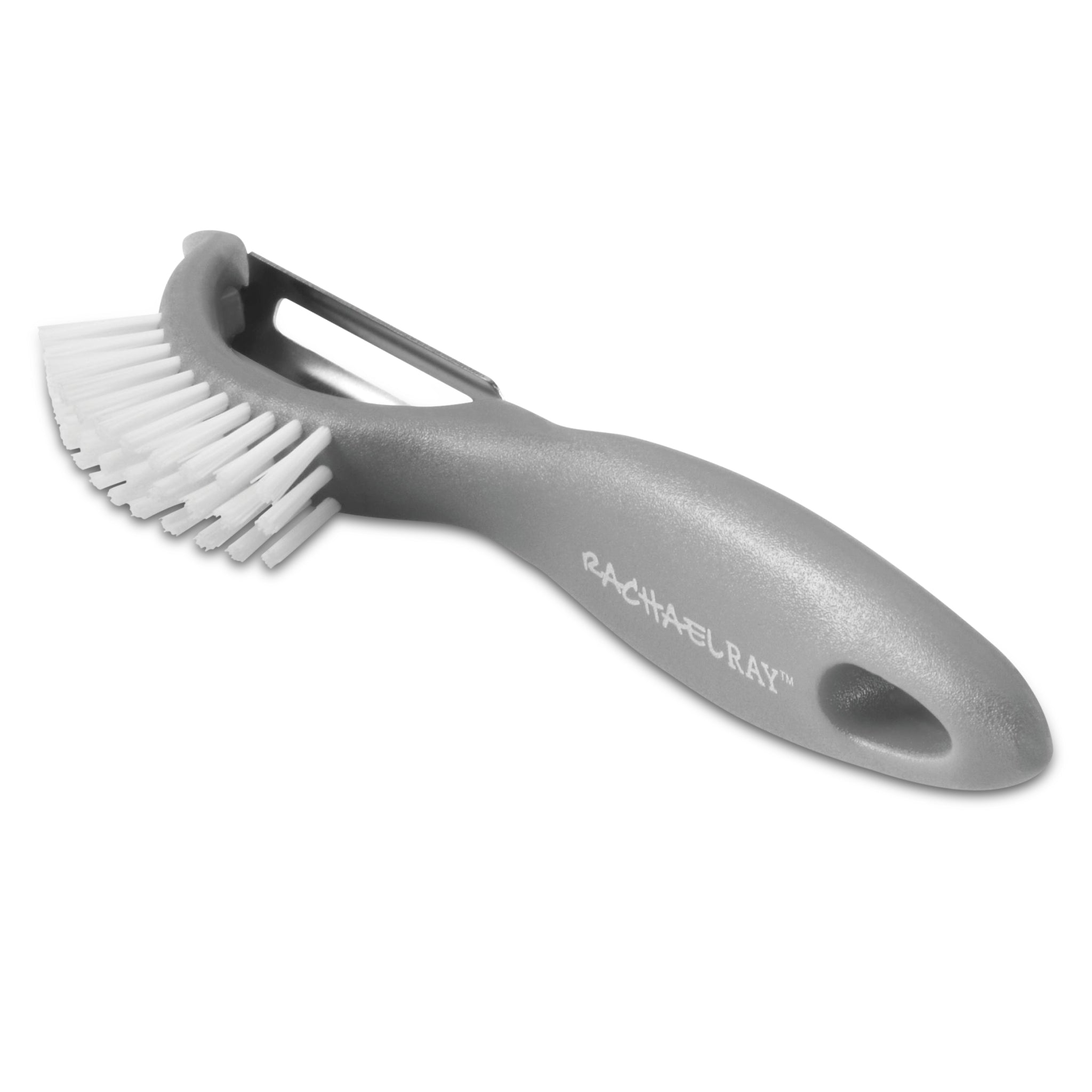 Introducing the Veg-A-Peel 3-in-1 Tool, a versatile kitchen accessory in gray with white bristles. It features a handle branded with the product name and is conveniently dishwasher safe for easy cleaning.
