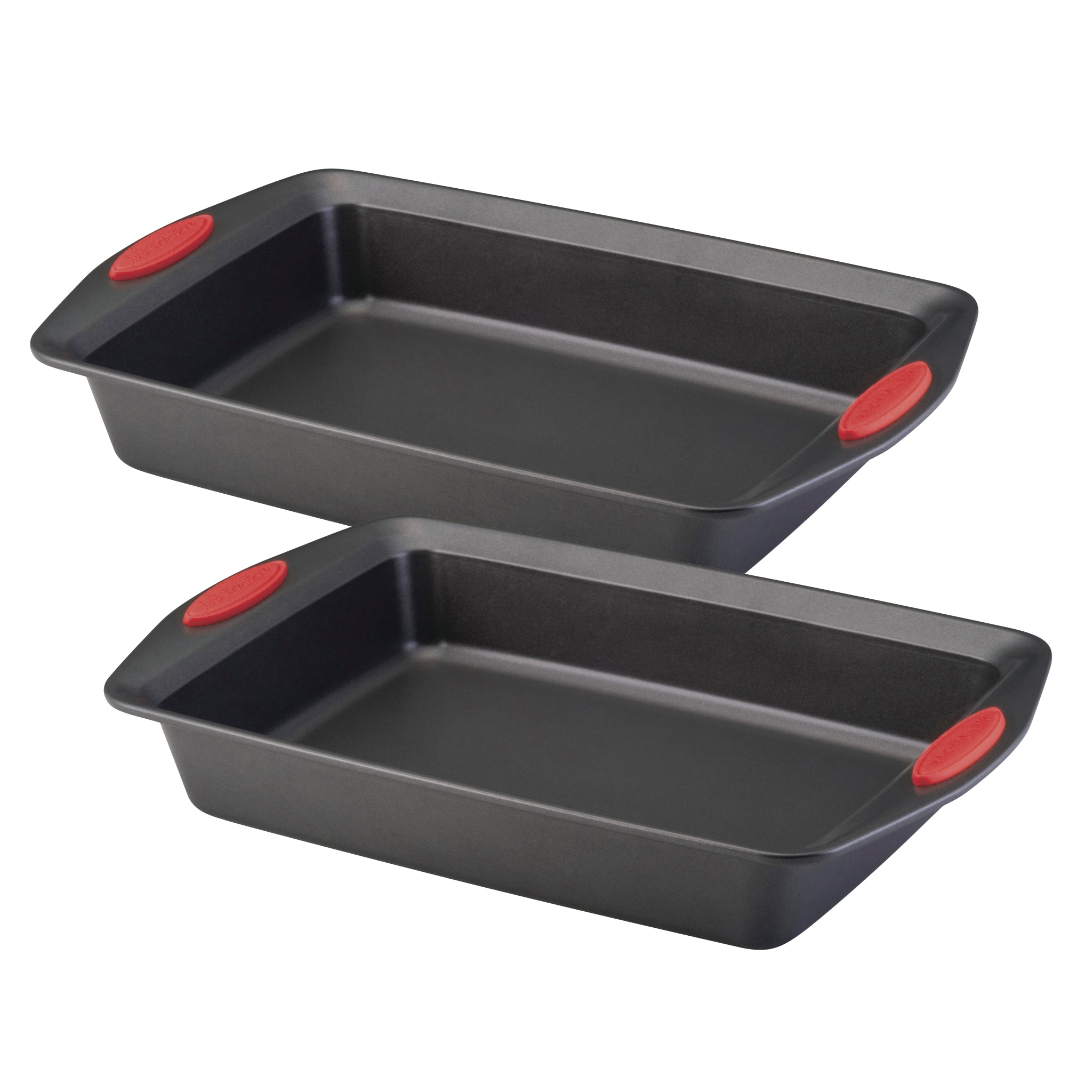 Two black 9-inch x 13-inch nonstick roasting pans with red silicone grips on the handles, from Rachael Ray's bakeware collection.