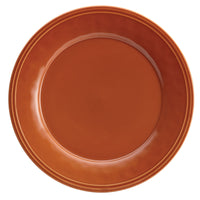 The 16-Piece Dinnerware Set includes a brown, round ceramic plate with a glossy finish that boasts a handcrafted texture, adding sophistication to the collection.