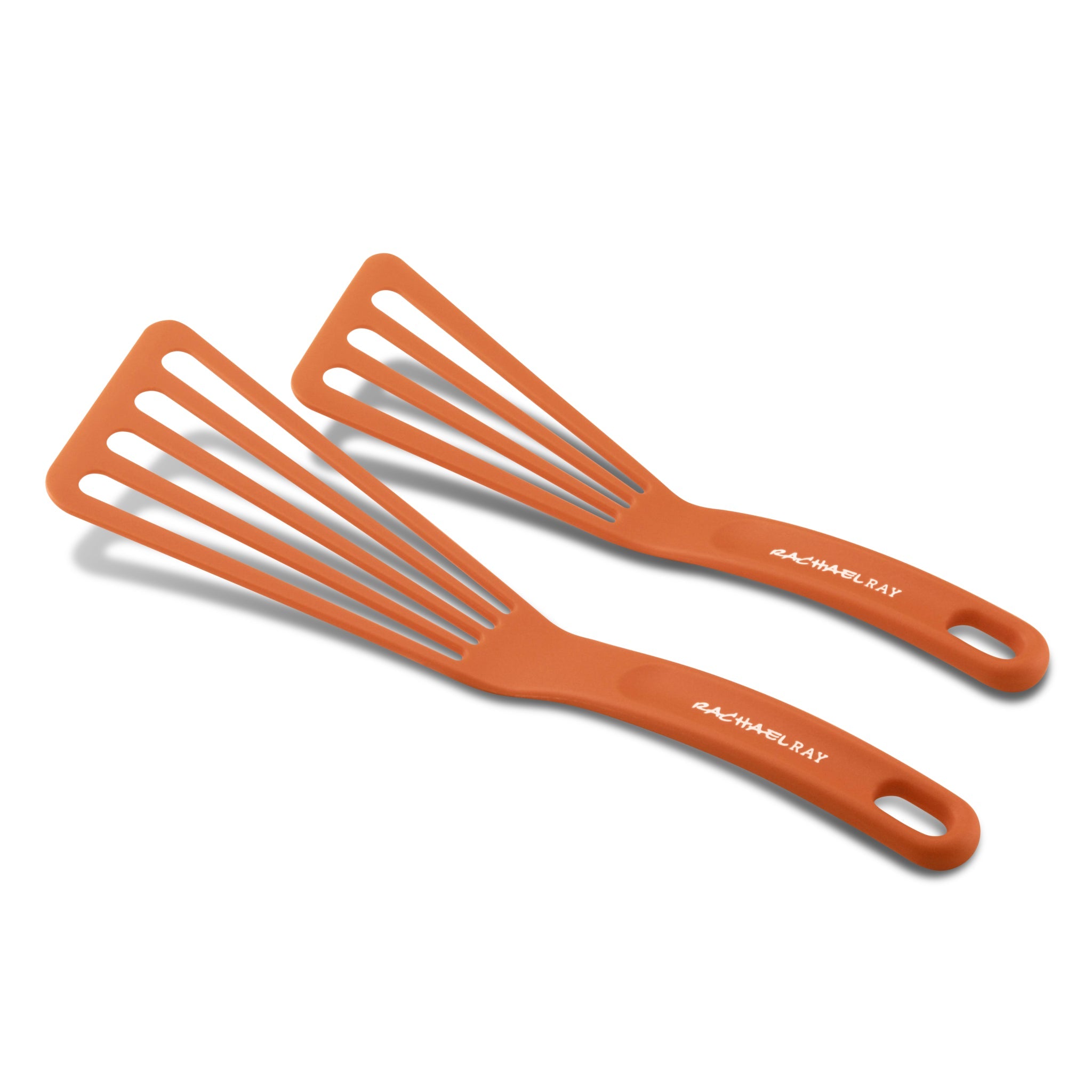 Two slotted turners, measuring 10 inches and 12 inches, are part of the Nylon Spatula Set and feature orange handles with text on them.