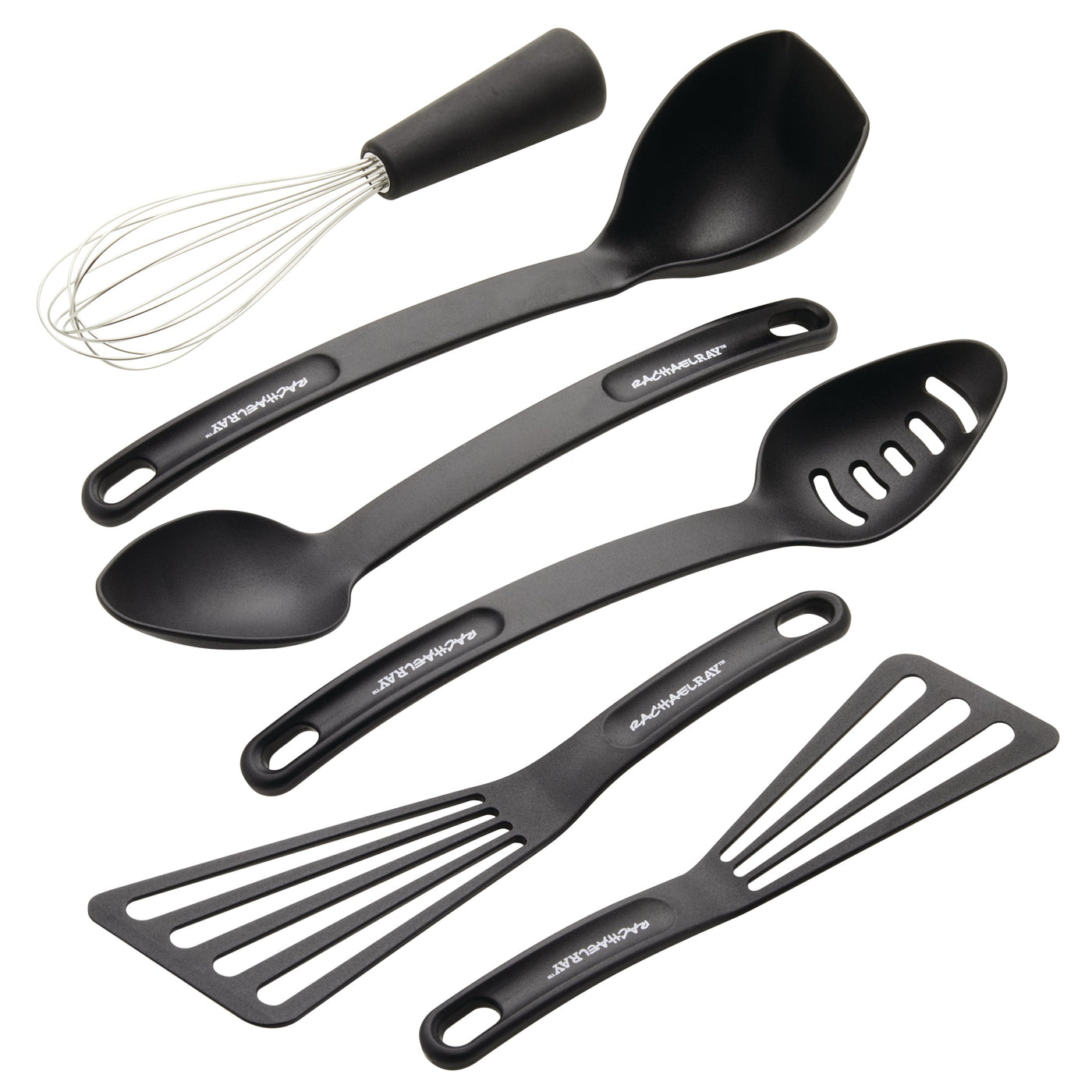 Introducing the 6-Piece Tools Set, a stylish collection of black kitchen utensils featuring whisks, spoons, and spatulas. These tools are specially designed to be heat safe for use with nonstick cookware.