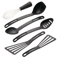 Introducing the 6-Piece Tools Set, a stylish collection of black kitchen utensils featuring whisks, spoons, and spatulas. These tools are specially designed to be heat safe for use with nonstick cookware.