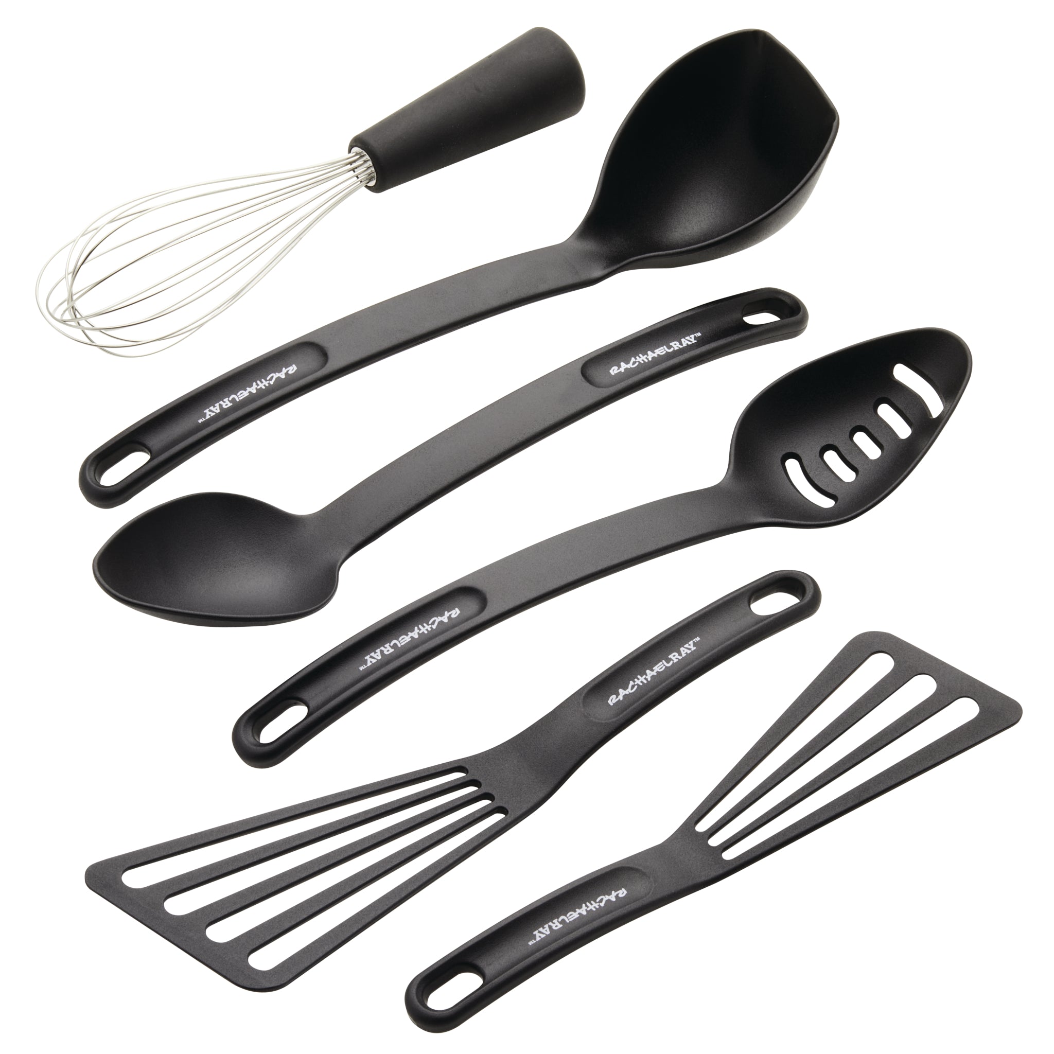 Introducing the 6-Piece Tools Set, a stylish collection of black kitchen utensils featuring whisks, spoons, and spatulas. These tools are specially designed to be heat safe for use with nonstick cookware.
