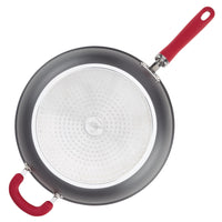 Top view of 12.5" anodized nonstick deep frying pan with helper handle.