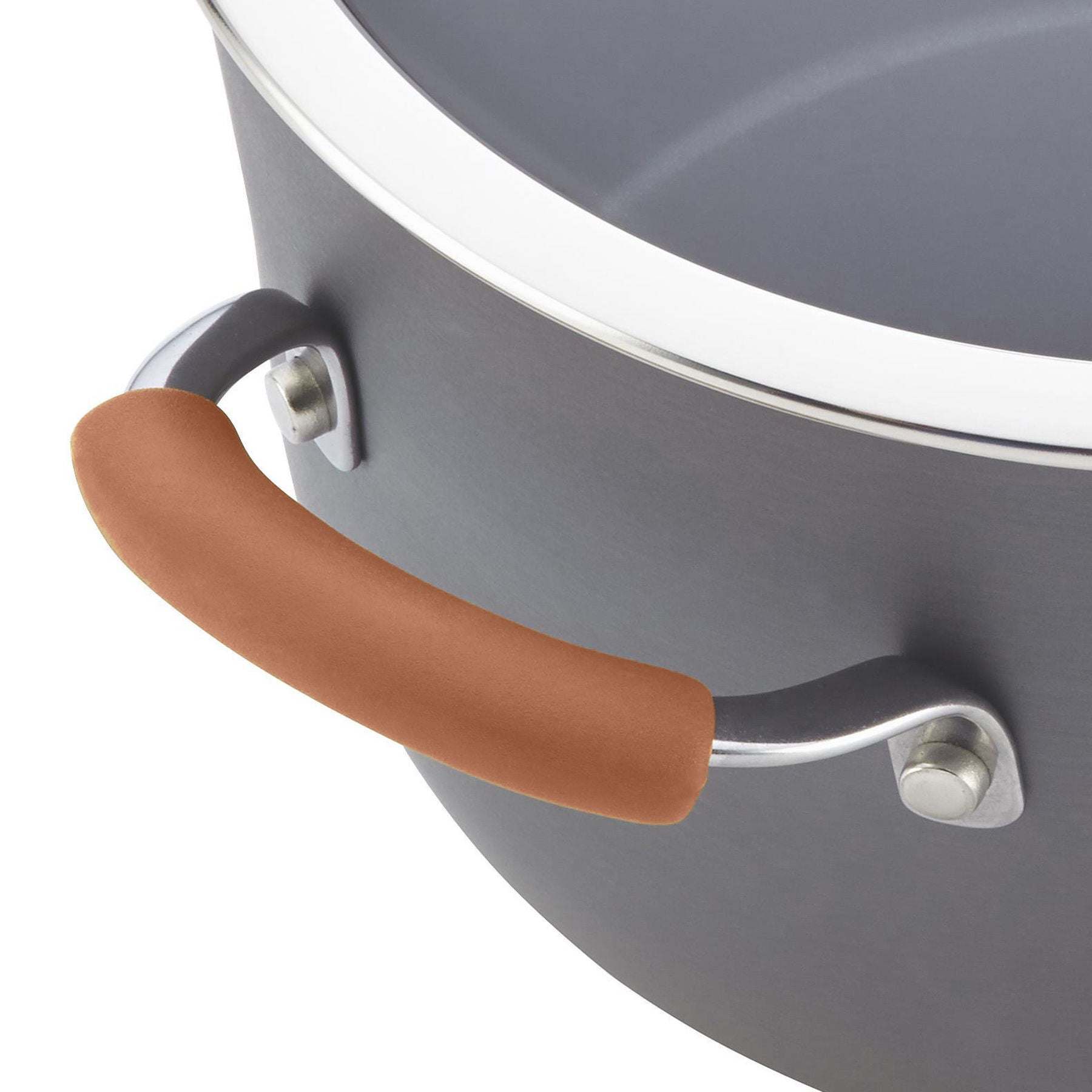 Close-up of a cooking pot from the 12-Piece Cucina Hard Anodized Nonstick Cookware Set, featuring a brown silicone handle made from durable aluminum and equipped with oven-safe, nonstick cookware technology.