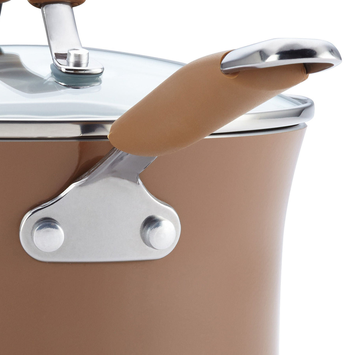 Close-up of a brown pot with a metal and silicone handle and a lid, part of the 12-Piece Cucina Nonstick Cookware Set. Its nonstick surface ensures easy cooking and cleaning, while its oven-safe design adds versatility to any kitchen.