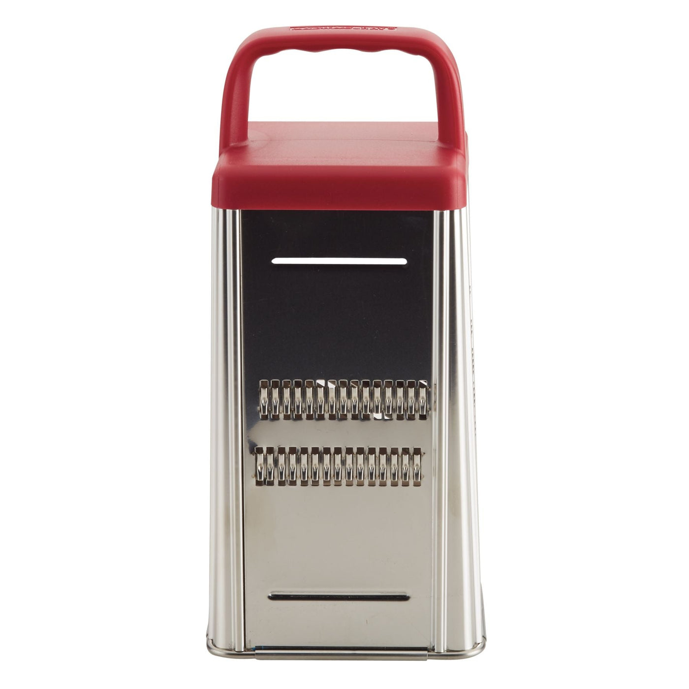 Introducing the 4-Sided Box Grater with Storage Box, a versatile kitchen tool that comes with a red handle and multiple stainless steel shredding surfaces.