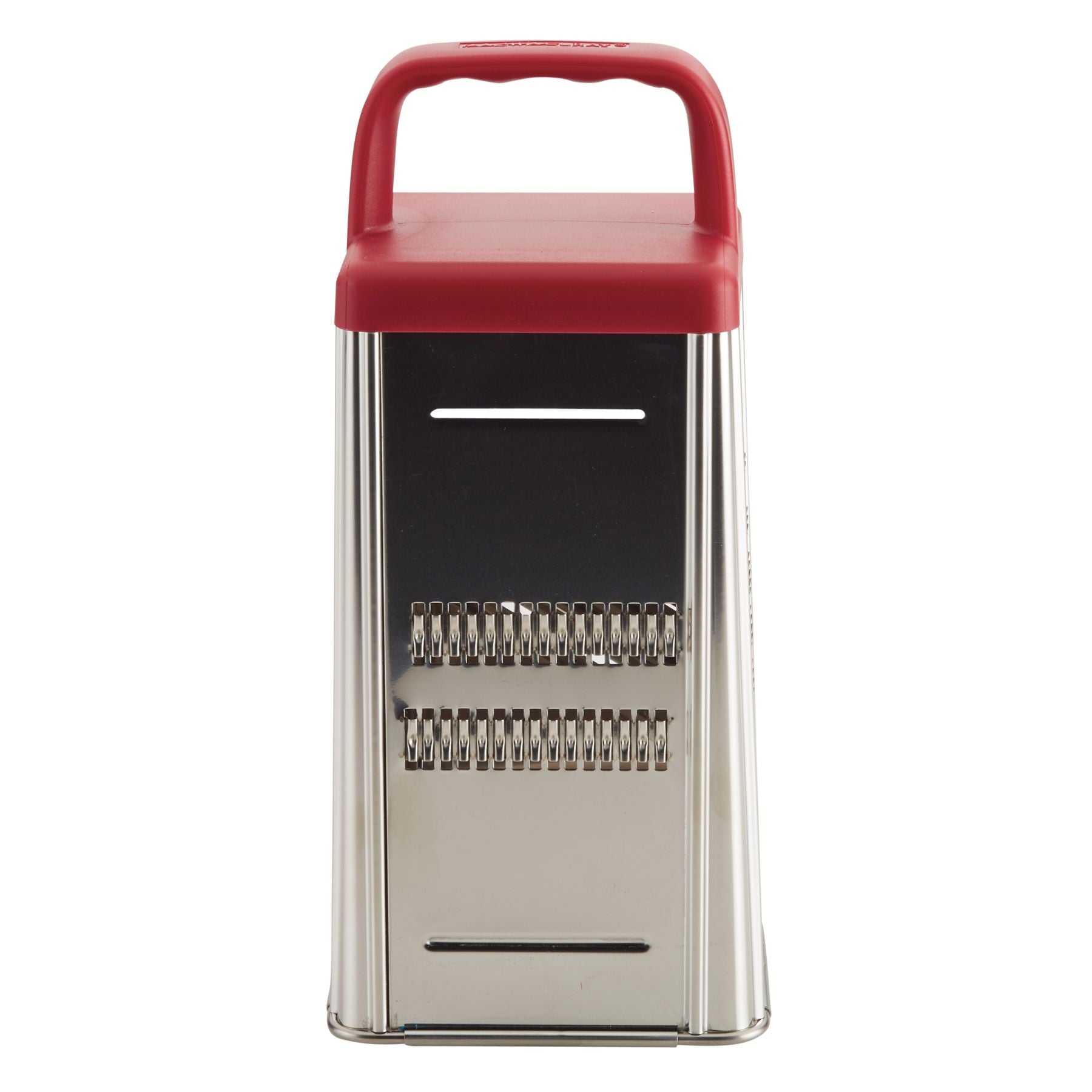 Introducing the 4-Sided Box Grater with Storage Box, a versatile kitchen tool that comes with a red handle and multiple stainless steel shredding surfaces.
