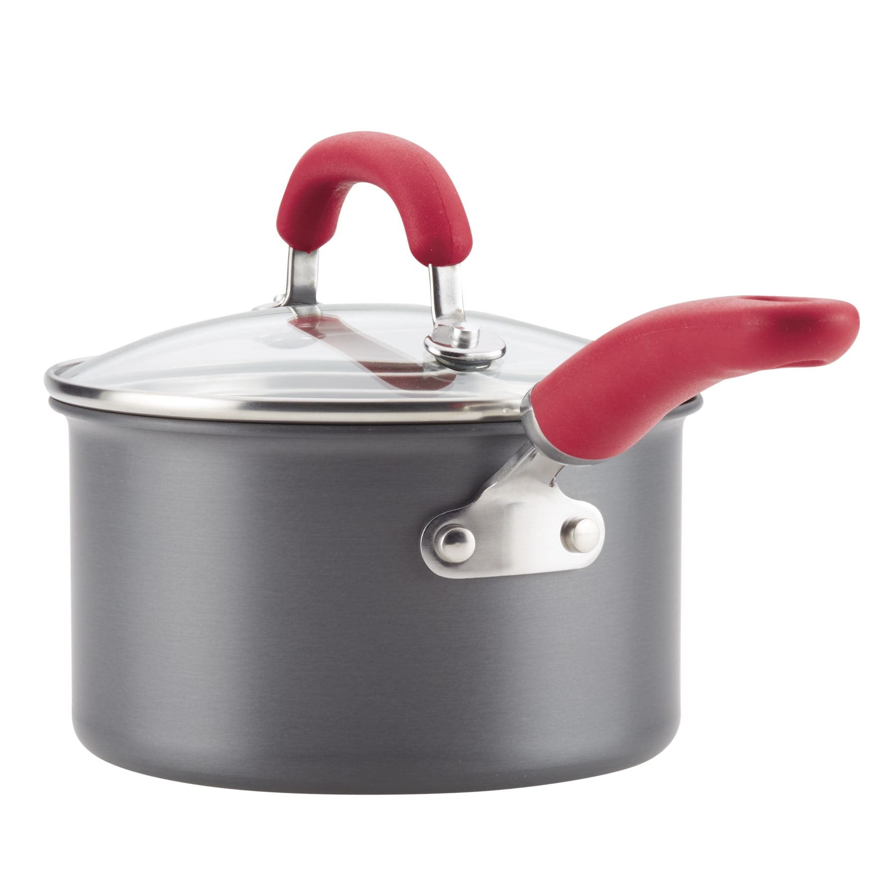 11-piece gray hard-anodized nonstick cookware set with red handles.