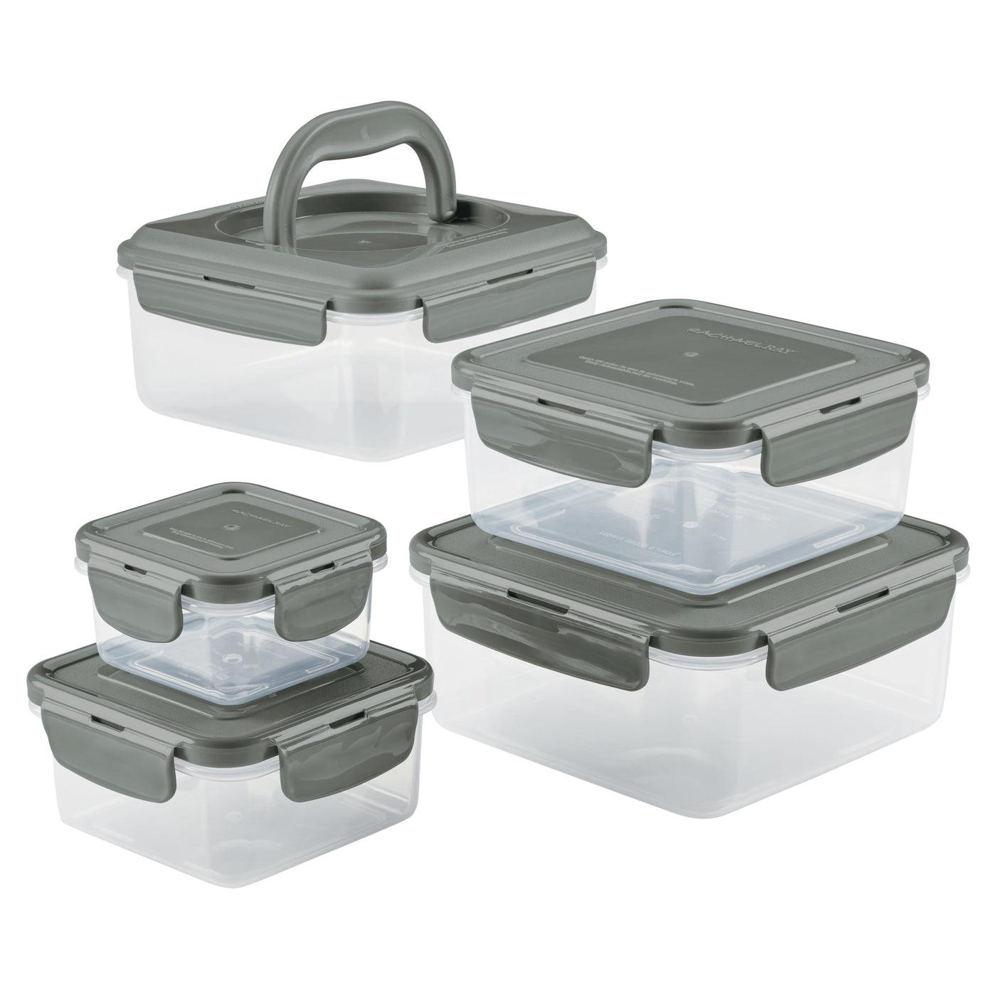These 10-Piece Square Nestable Food Storage Containers are made of clear plastic with gray lids, featuring a 4-hinge locking system and BPA-free materials for safe and efficient kitchen organization.