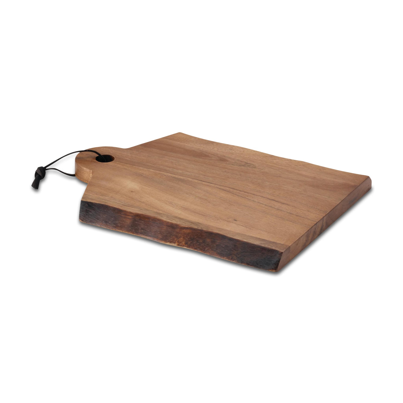 Crafted from acacia wood, the 14" x 11" cutting board features a natural edge and comes with a handy hanging loop, making it ideal for stunning charcuterie displays.