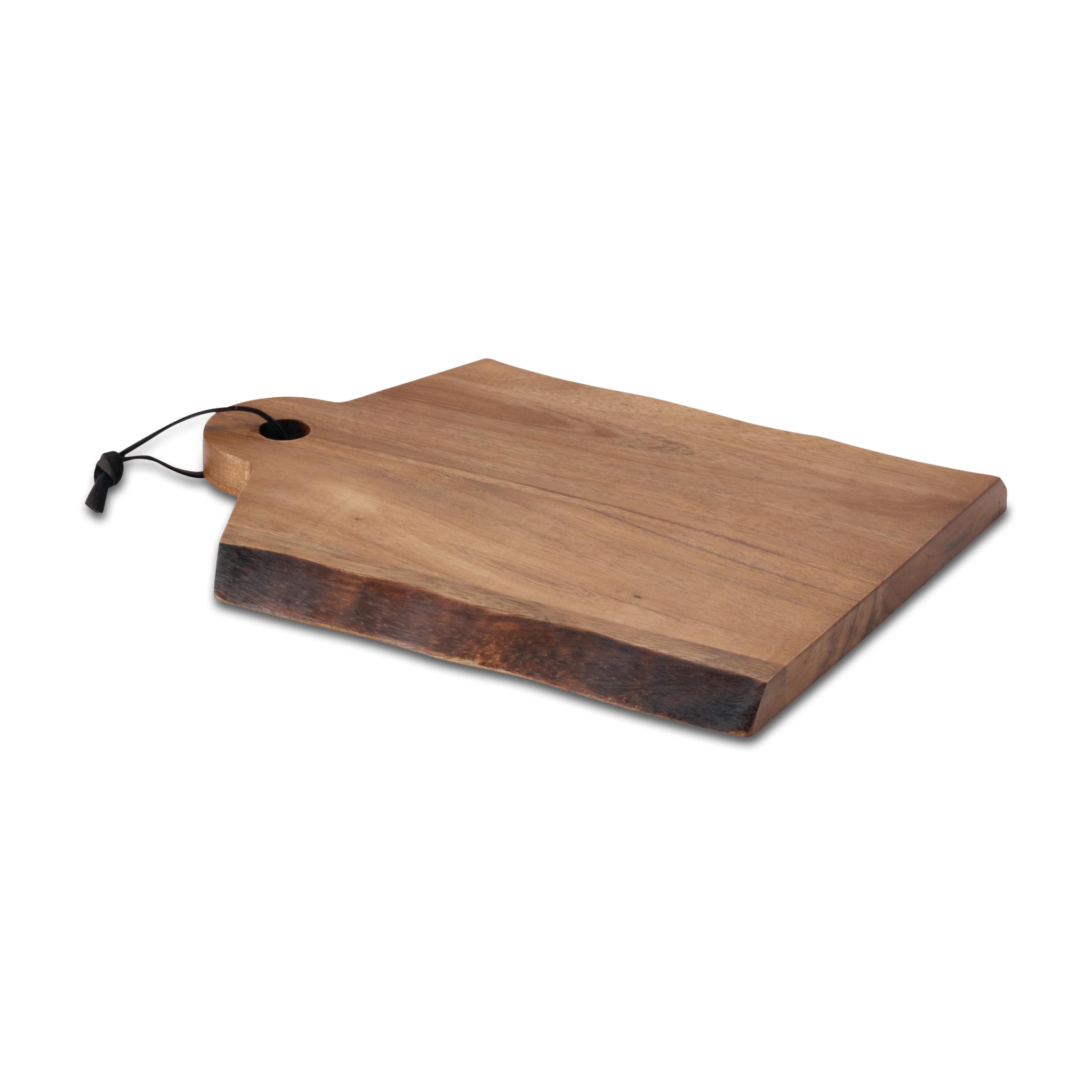 Crafted from acacia wood, the 14" x 11" cutting board features a natural edge and comes with a handy hanging loop, making it ideal for stunning charcuterie displays.