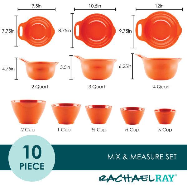 An essential addition to your kitchen collection, the 10-Piece Mix, Measure, and Utensil Set in vibrant orange includes clearly labeled measuring cups and well-matched mixing bowls to guarantee accuracy in all your cooking endeavors.