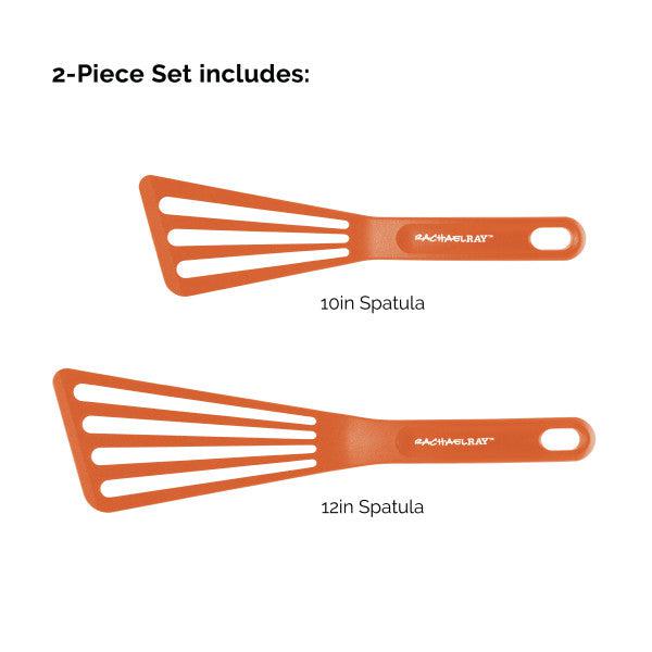 Introducing the 10-Inch & 12-Inch Nylon Spatula Set, an essential addition to your kitchen, featuring two orange spatulas with a practical slotted design to accommodate your cooking needs.