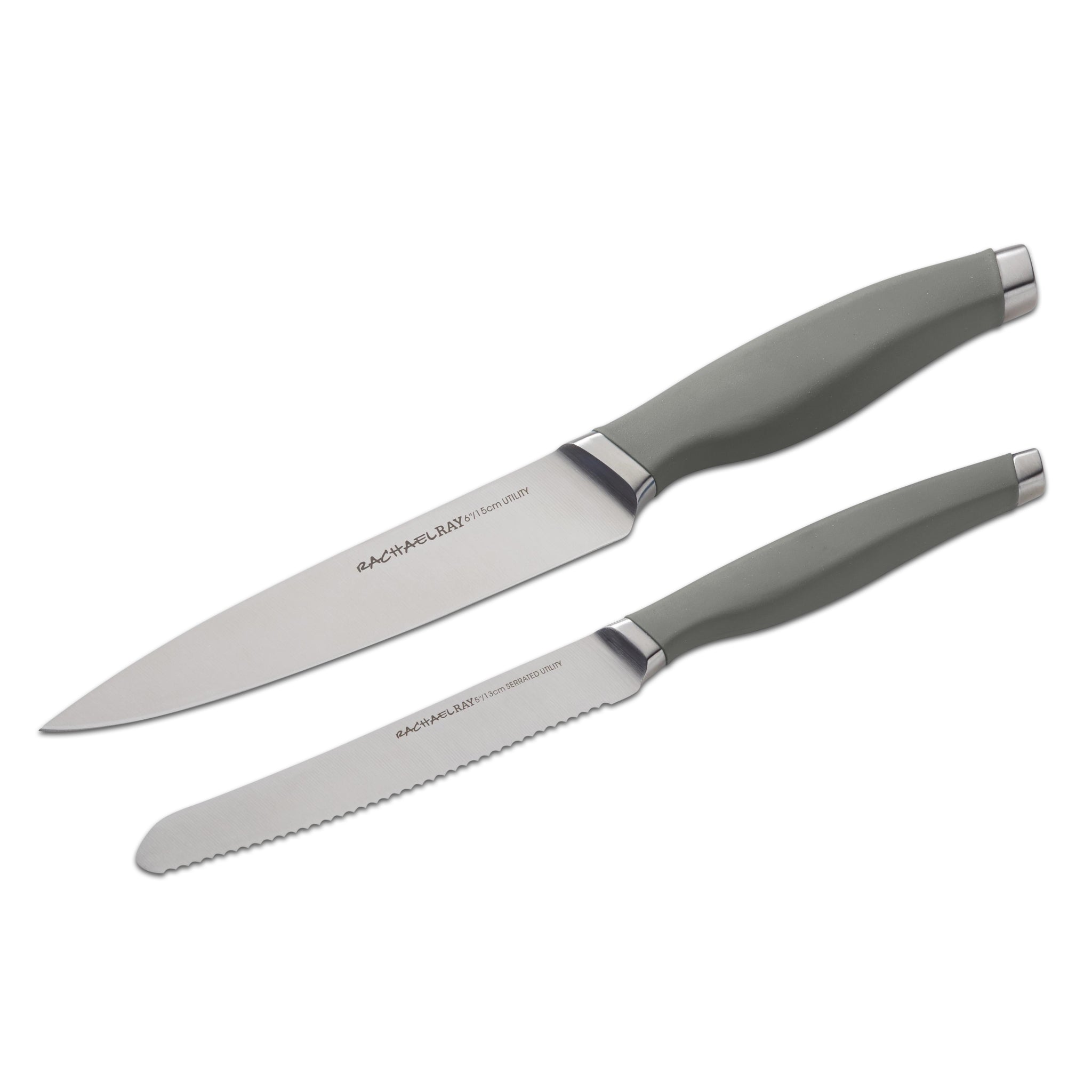 Introducing the 2-Piece Utility Knife Set: This set includes two kitchen knives with sleek gray handles made of premium Japanese stainless steel, all showcased beautifully against a white backdrop. To enhance safety and durability, each knife is equipped with its own protective sheath.