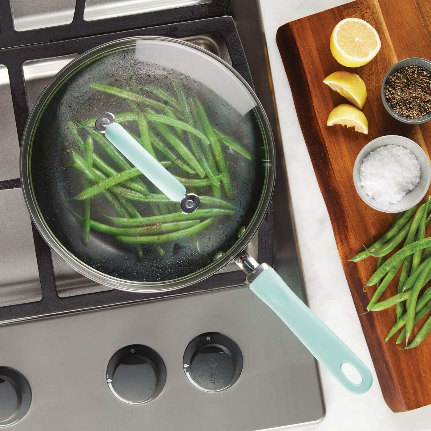 Green beans steaming in a 10.25-Inch Nonstick Induction Deep Frying Pan.