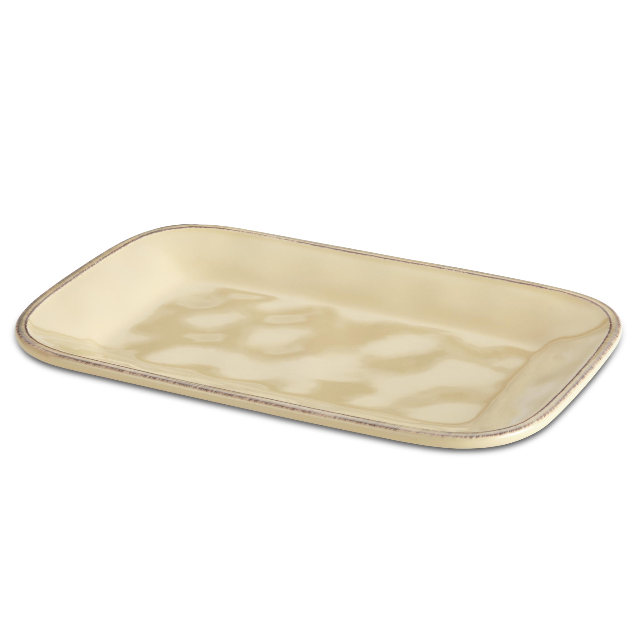 8" x 12" rectangular serving platter in beige ceramic, featuring slightly raised edges and a stain-resistant glaze.
