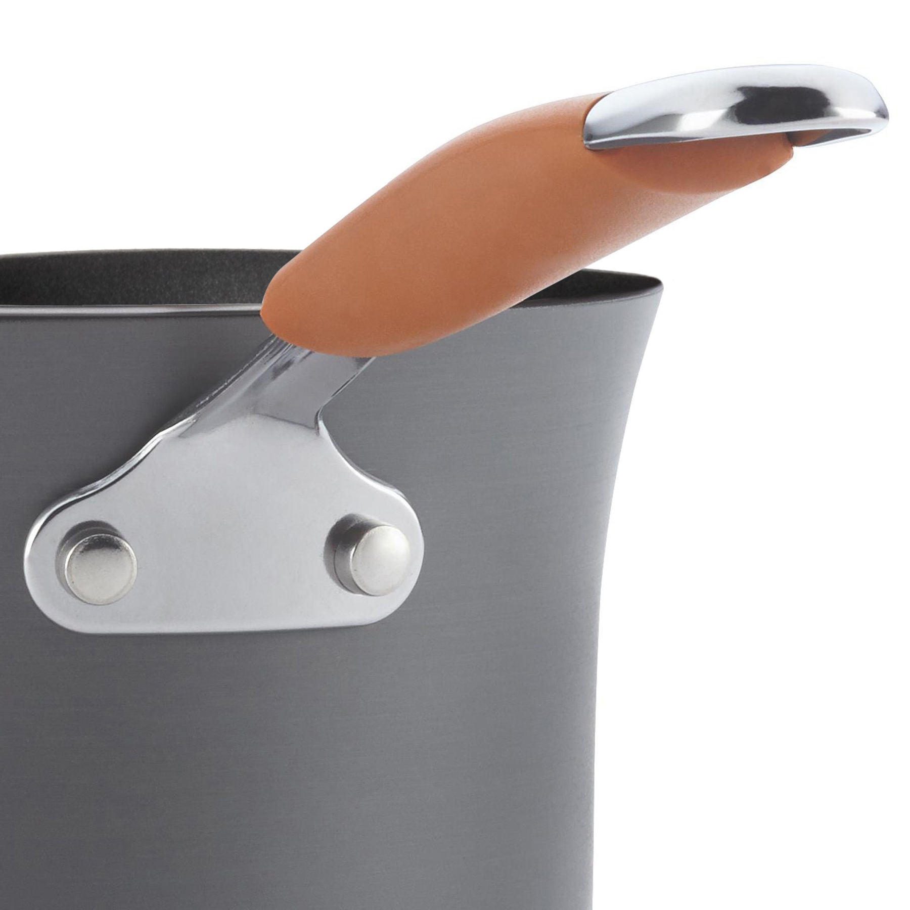 Introducing the 12-Piece Cucina Hard Anodized Nonstick Cookware Set: This gray saucepan features an orange handle and stainless steel accents, crafted from durable aluminum to ensure lasting performance. It's nonstick and oven safe, offering versatility for all your cooking needs.