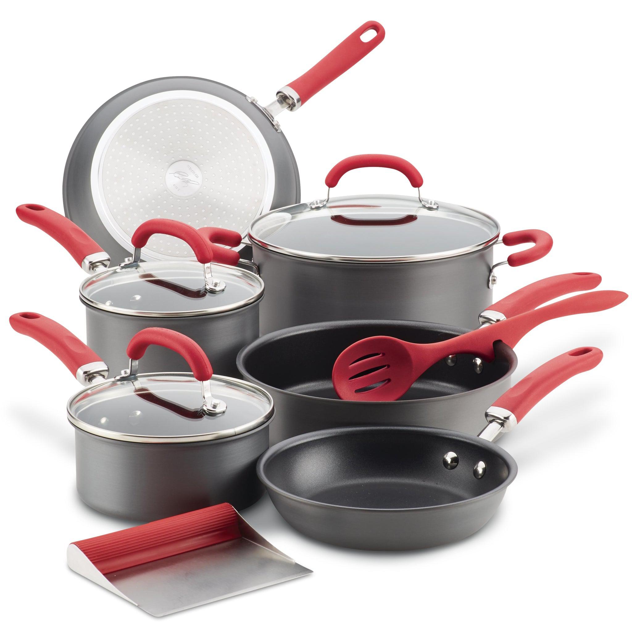 11-piece hard-anodized nonstick induction cookware set with glass lids.