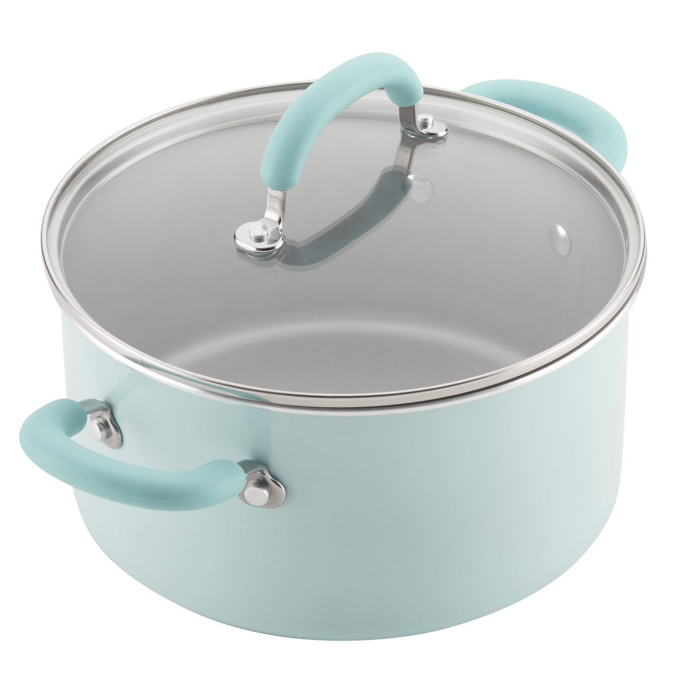 13-piece nonstick cookware set with glass lids and silicone handles, light blue.