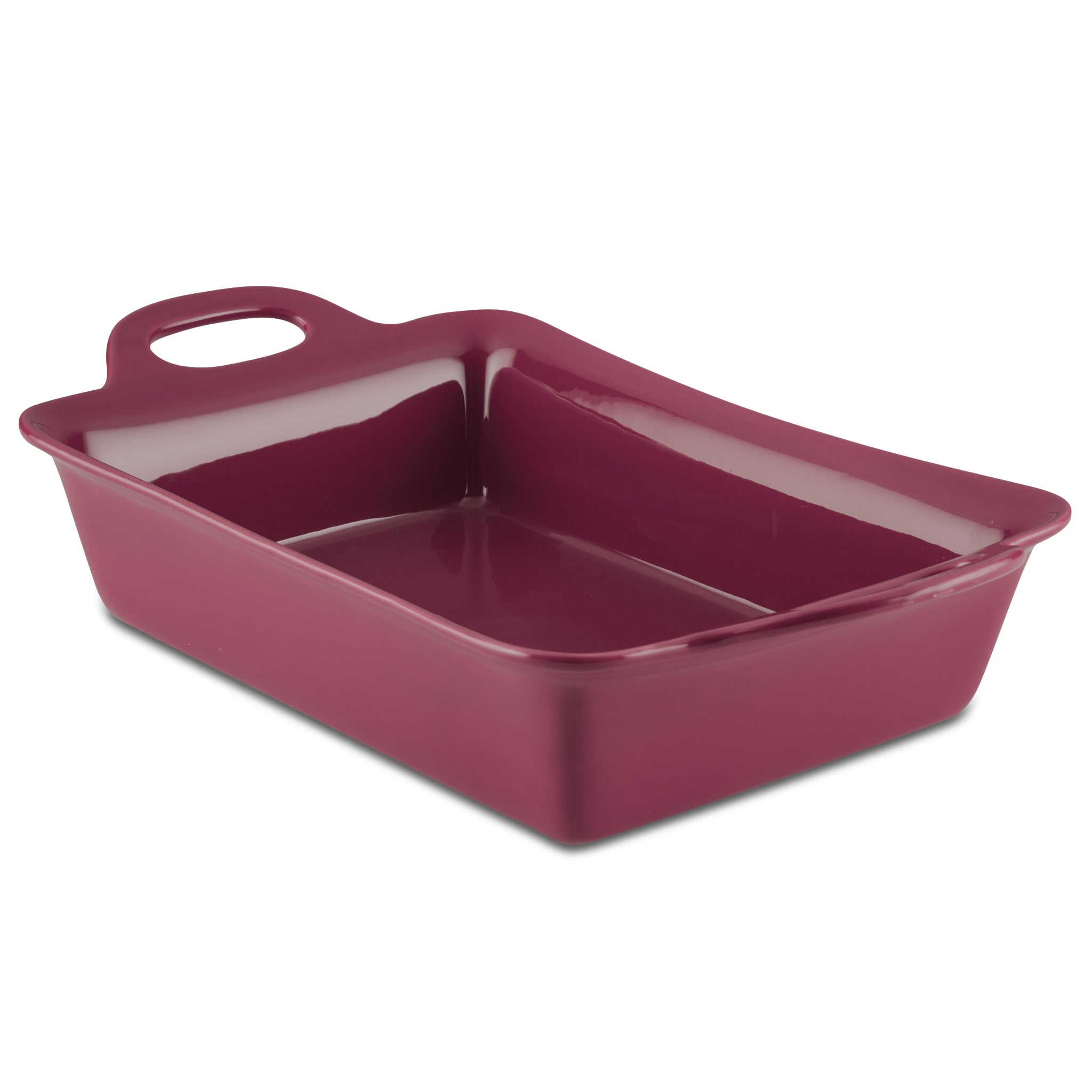 The 9-Inch x 13-Inch Ceramic Baker in burgundy features a rectangular design with a handle on one side, making it perfect for casseroles and versatile cooking as it is oven safe.