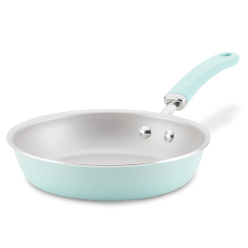 Light blue Nonstick Induction Deep Frying Pan with matching handle, oven safe.
