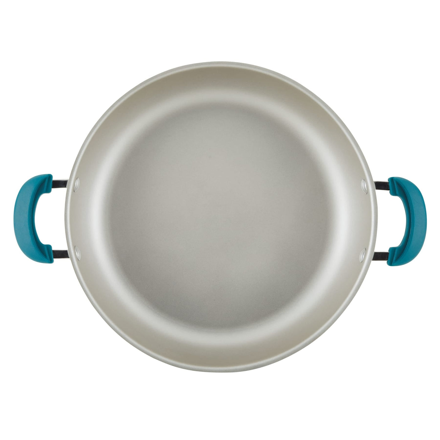 Top view of 8-piece nonstick induction cookware set with teal handles on white.