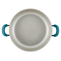 Top view of 8-piece nonstick induction cookware set with teal handles on white.