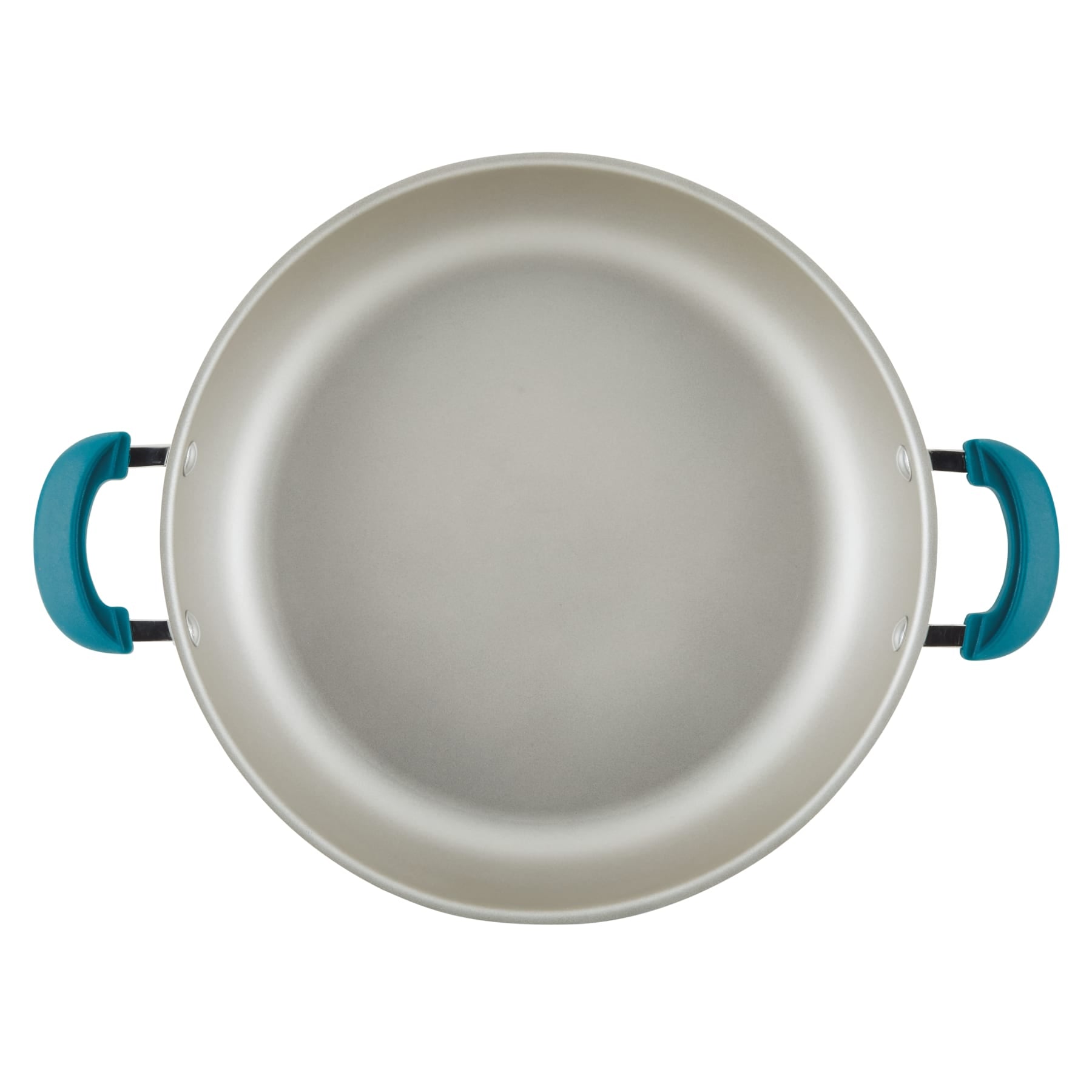Top view of 8-piece nonstick induction cookware set with teal handles on white.