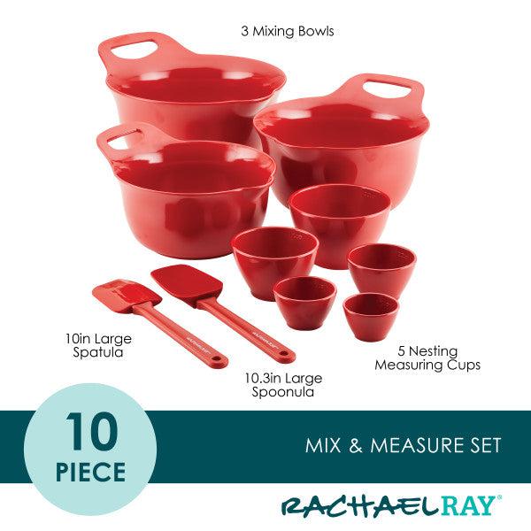 This 10-Piece Mix, Measure, and Utensil Set in red includes mixing bowls, a spatula, and measuring cups to meet all your culinary needs.