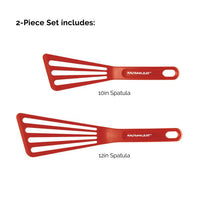 A vibrant 10-Inch & 12-Inch Nylon Spatula Set, showcasing two red cooking utensils, elegantly displayed against a pristine white background.