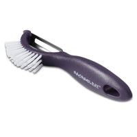 The Veg-A-Peel 3-in-1 Tool is a versatile kitchen brush in purple with white bristles, complete with a handy vegetable peeler on the handle. This practical everyday tool is also conveniently dishwasher safe.