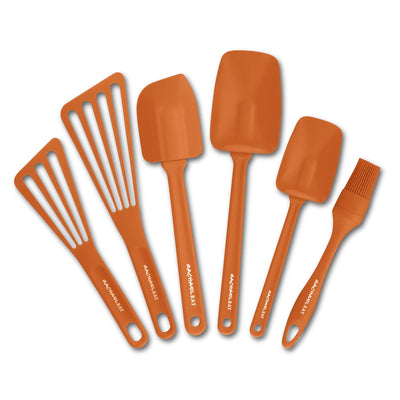 6-Piece Tools Set in vibrant orange, featuring heat-safe spatulas and a basting brush, ideal for nonstick cookware.