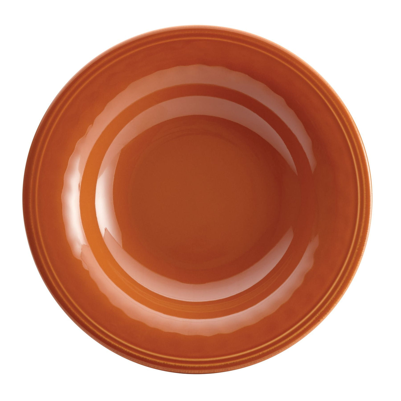 Viewed from above, this orange ceramic bowl features a glossy finish and handcrafted texture. As part of the 16-Piece Dinnerware Set, it combines style with practicality, being both attractive and dishwasher safe for easy cleaning.
