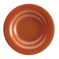 Viewed from above, this orange ceramic bowl features a glossy finish and handcrafted texture. As part of the 16-Piece Dinnerware Set, it combines style with practicality, being both attractive and dishwasher safe for easy cleaning.
