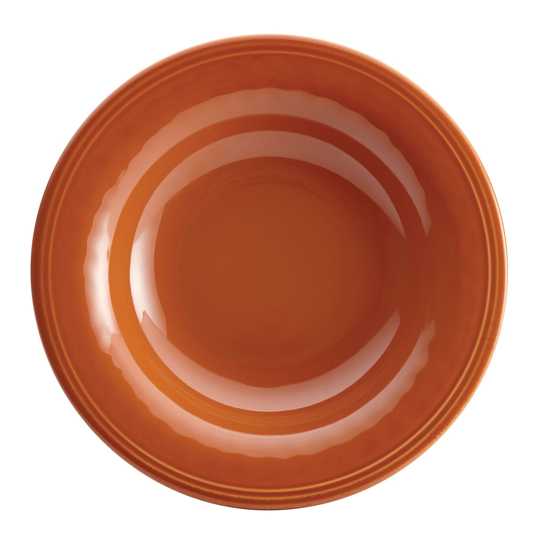 Viewed from above, this orange ceramic bowl features a glossy finish and handcrafted texture. As part of the 16-Piece Dinnerware Set, it combines style with practicality, being both attractive and dishwasher safe for easy cleaning.