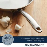The 10-Inch Professional Stainless Steel Induction Frying Pan features a sturdy handle and is shown alongside garlic cloves on a wooden surface. This versatile skillet is oven safe up to 500°F, making it an ideal addition to any kitchen.