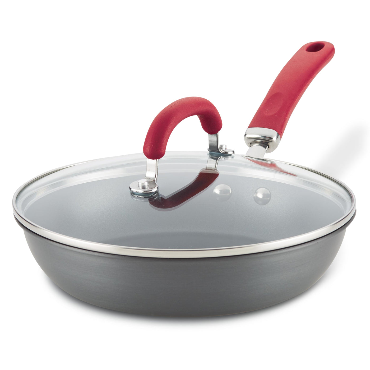 10.25-Inch nonstick induction frying pan with glass lid and red handle shown.