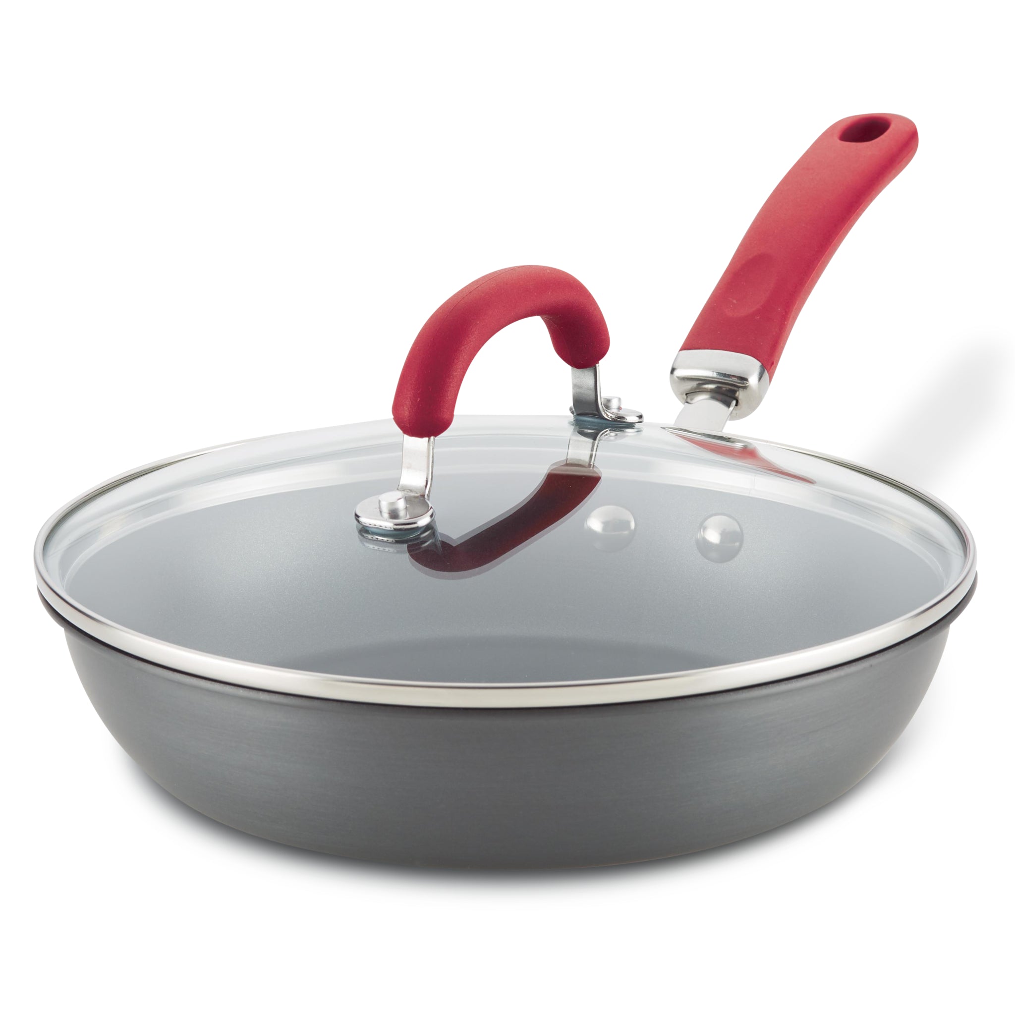 10.25-Inch nonstick induction frying pan with glass lid and red handle shown.