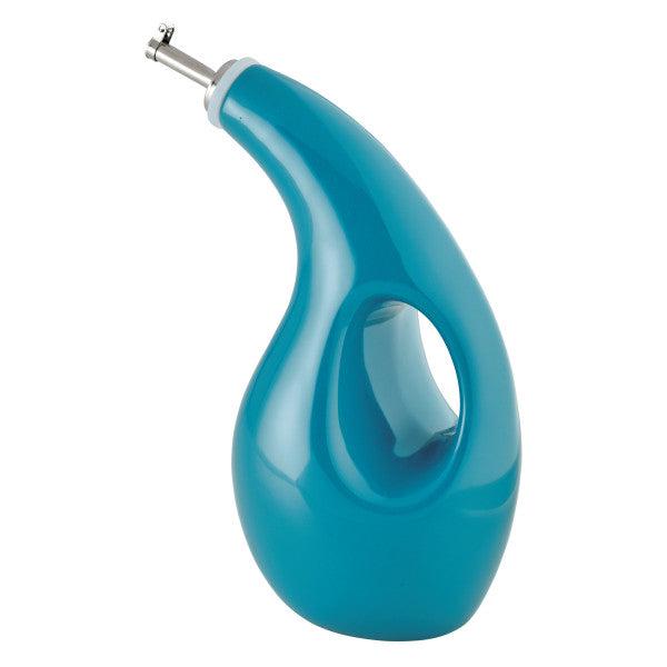 The 24-Ounce EVOO Bottle is a sleek blue ceramic design, equipped with a stainless steel pour spout for precise pouring and includes a convenient handle.